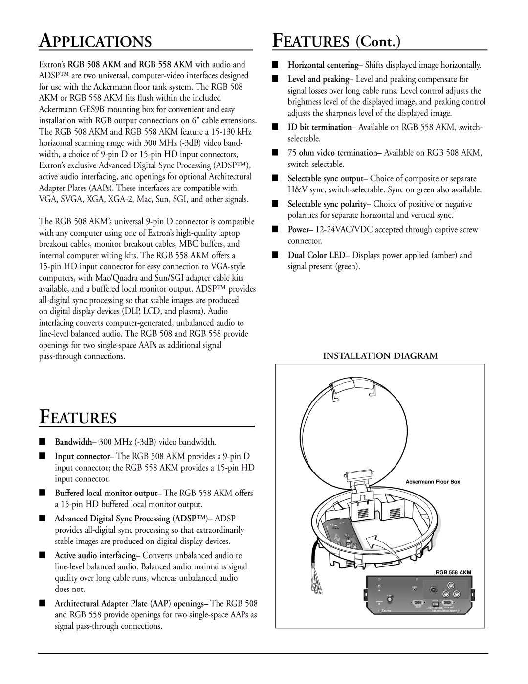 Extron electronic RGB 508 AKM manual Applications, Features 