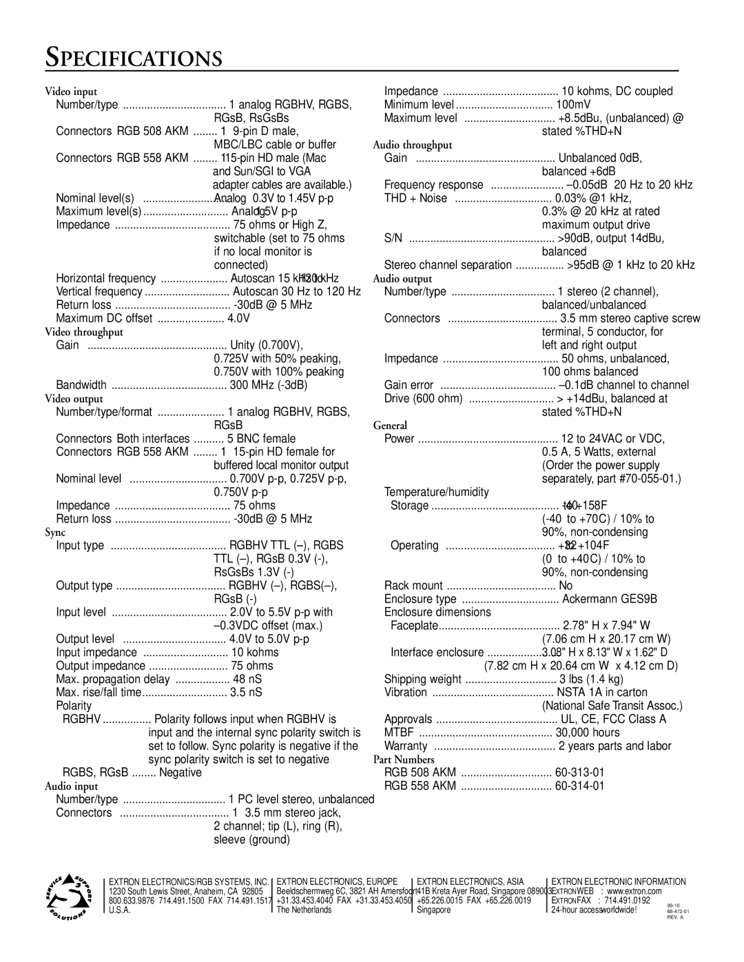 Extron electronic RGB 508 AKM manual Specifications 