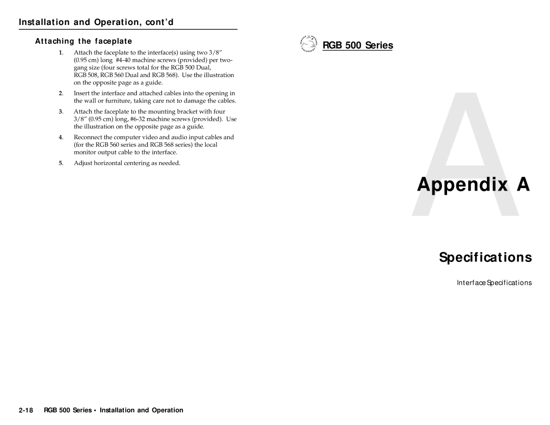 Extron electronic RGB 508, RGB 560/Dual, RGB 568, RGB 500/Dual Specifications, Attaching the faceplate, AAppendix a 