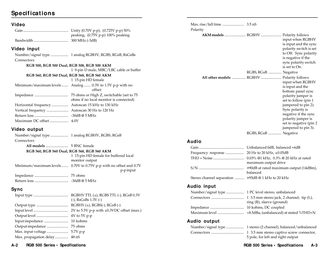 Extron electronic RGB 560/Dual, RGB 568, RGB 500/Dual, RGB 508 user manual Specifications 