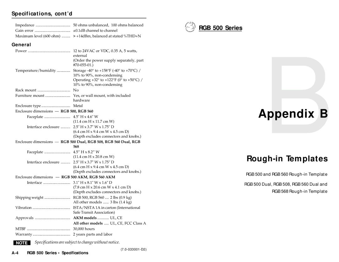 Extron electronic RGB 568, RGB 560/Dual, RGB 500/Dual, RGB 508 user manual Rough-in Templates, Specifications, cont’d, General 