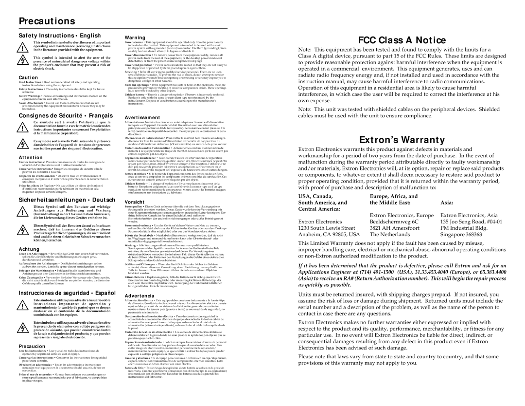 Extron electronic RGB 500/Dual, RGB 560/Dual, RGB 568, RGB 508 user manual Precautions, FCC Class a Notice, Extron’s Warranty 