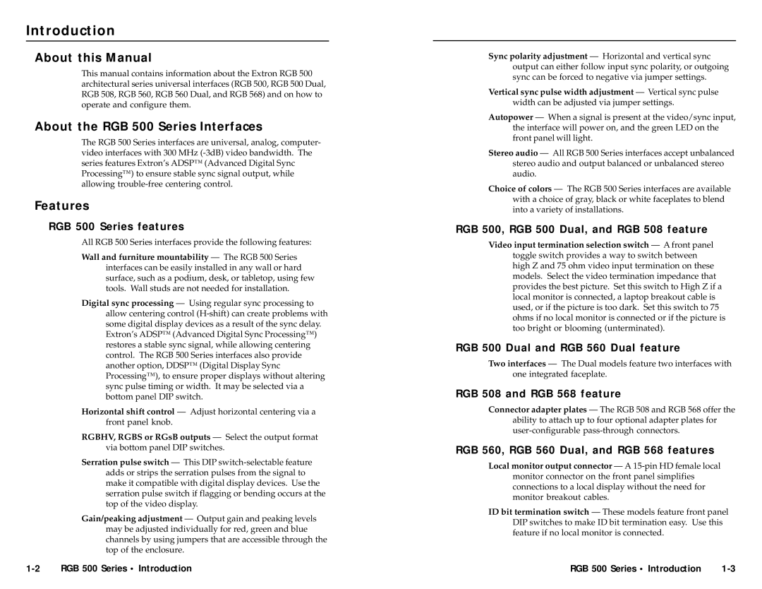 Extron electronic RGB 568, RGB 560/Dual Introduction, About this Manual, About the RGB 500 Series Interfaces, Features 