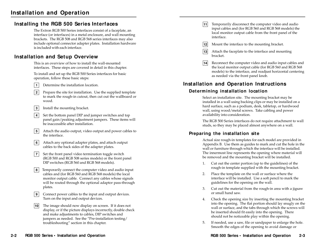 Extron electronic RGB 508, RGB 560/Dual, RGB 568 Installation and Operation, Installing the RGB 500 Series Interfaces 