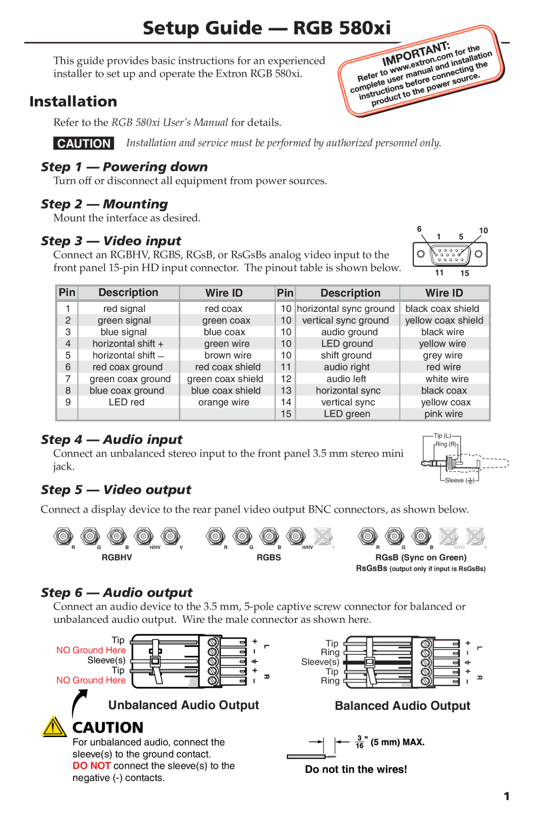 Extron electronic RGB 580XI setup guide Installation 