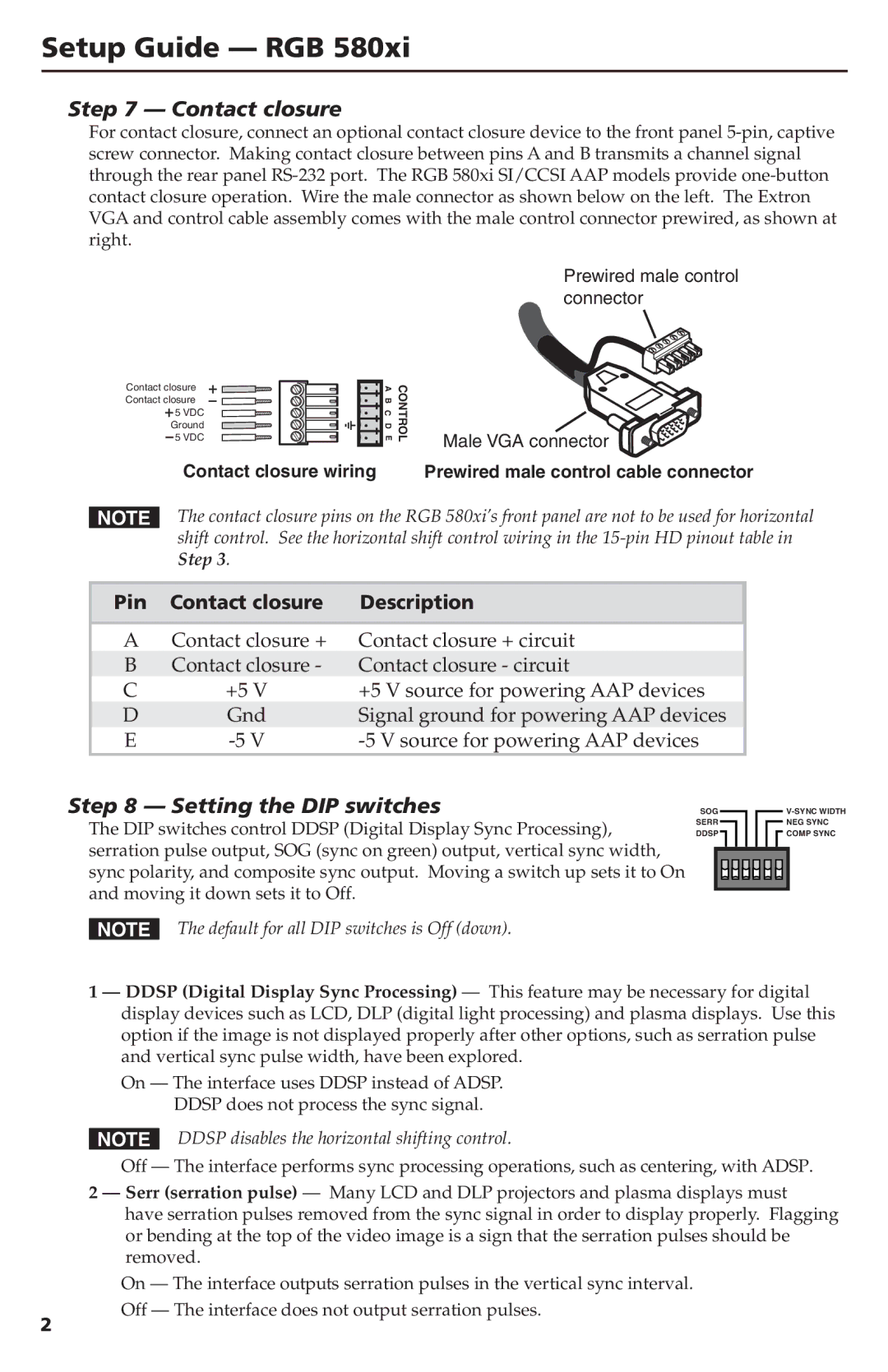 Extron electronic RGB 580XI Setting the DIP switches, Contact closure wiring, Prewired male control cable connector 