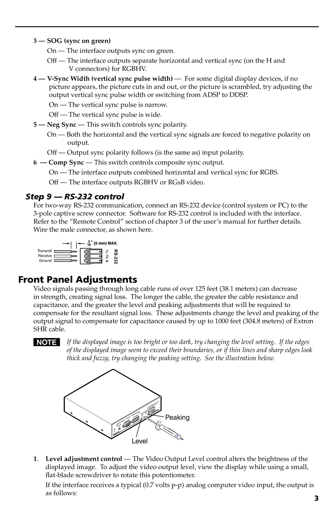 Extron electronic RGB 580XI setup guide Front Panel Adjustments, RS-232 control 