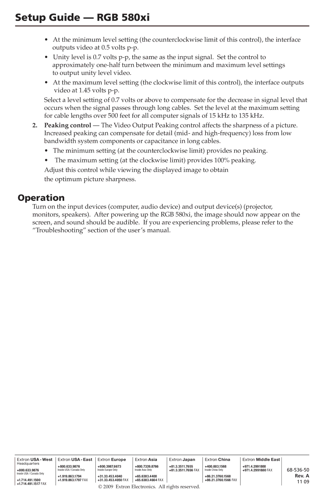 Extron electronic RGB 580XI setup guide Operation, Extron USA East 