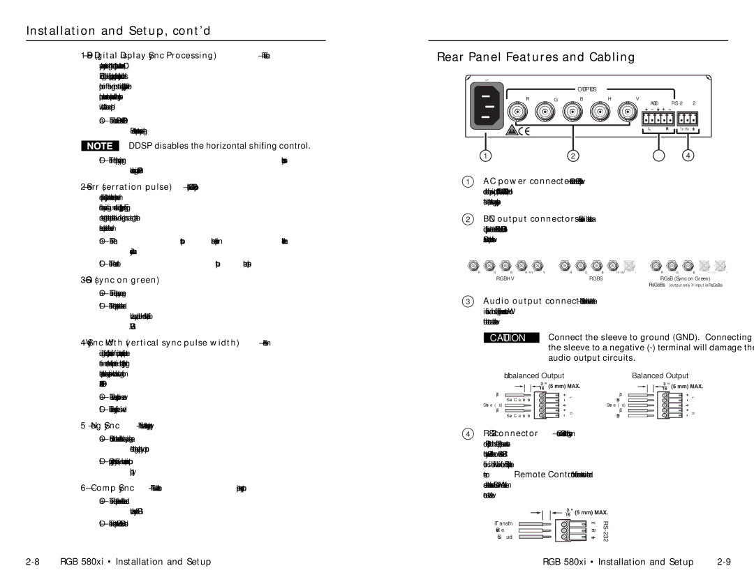 Extron electronic RGB 580XI manual Installation and Setup, cont’d, Rear Panel Features and Cabling 