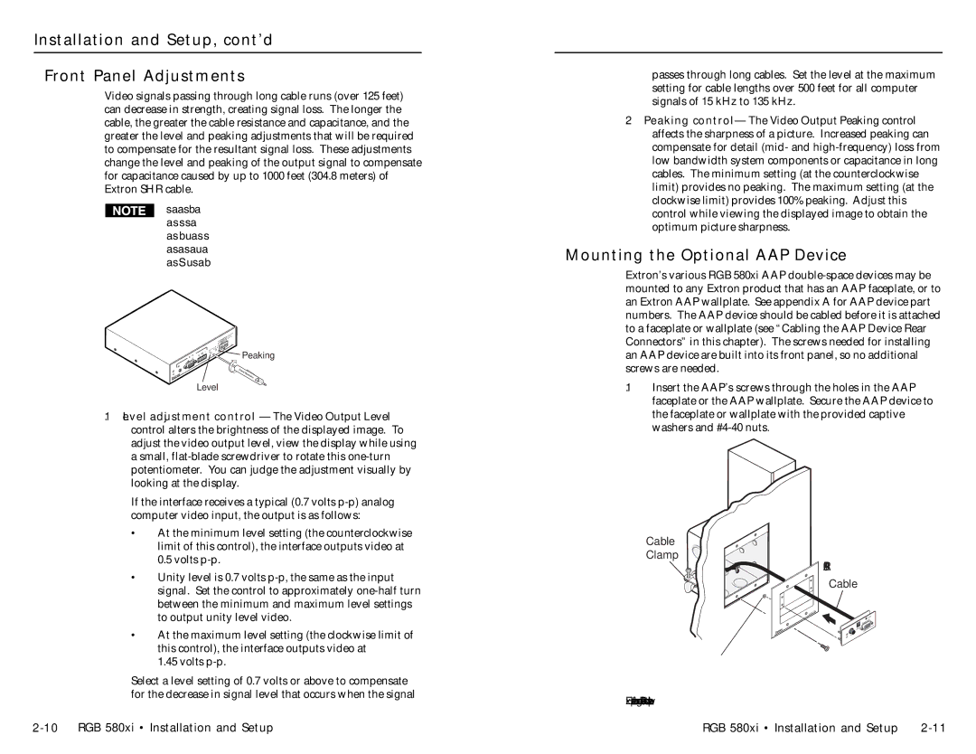 Extron electronic RGB 580XI manual Installation and Setup, cont’d Front Panel Adjustments, Mounting the Optional AAP Device 