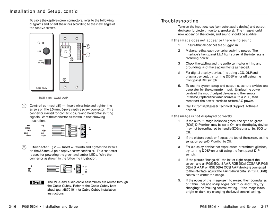 Extron electronic RGB 580XI manual Troubleshooting, If the image does not appear or there is no sound 