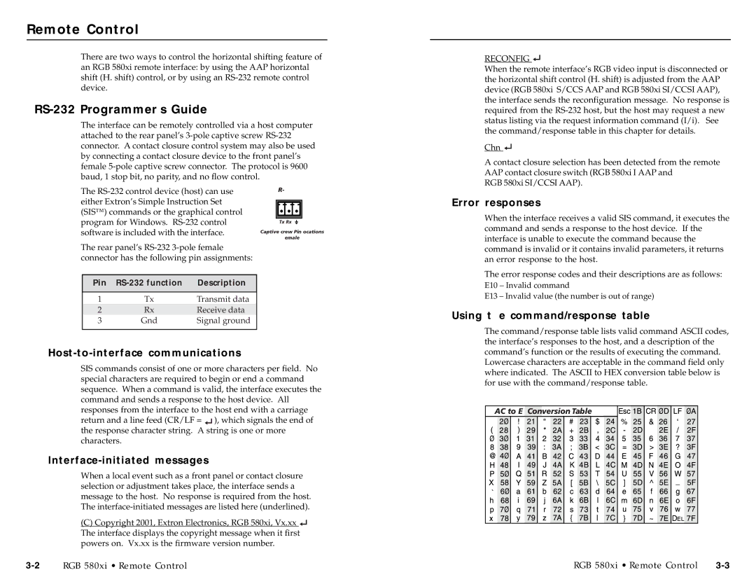 Extron electronic RGB 580XI manual Remote Control, RS-232 Programmer’s Guide 