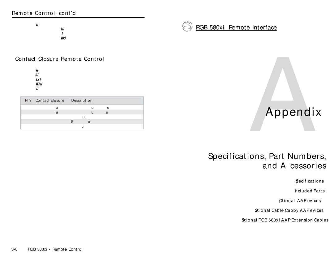 Extron electronic RGB 580XI manual AAppendix, Specifications, Part Numbers, and Accessories, Contact Closure Remote Control 