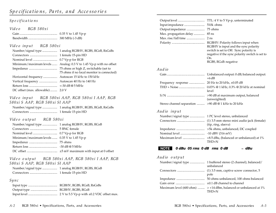 Extron electronic RGB 580XI manual Specifications, Parts, and Accessories 