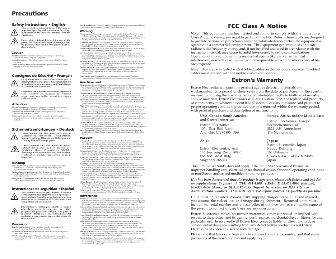 Extron electronic RGB 580XI manual Precautions 