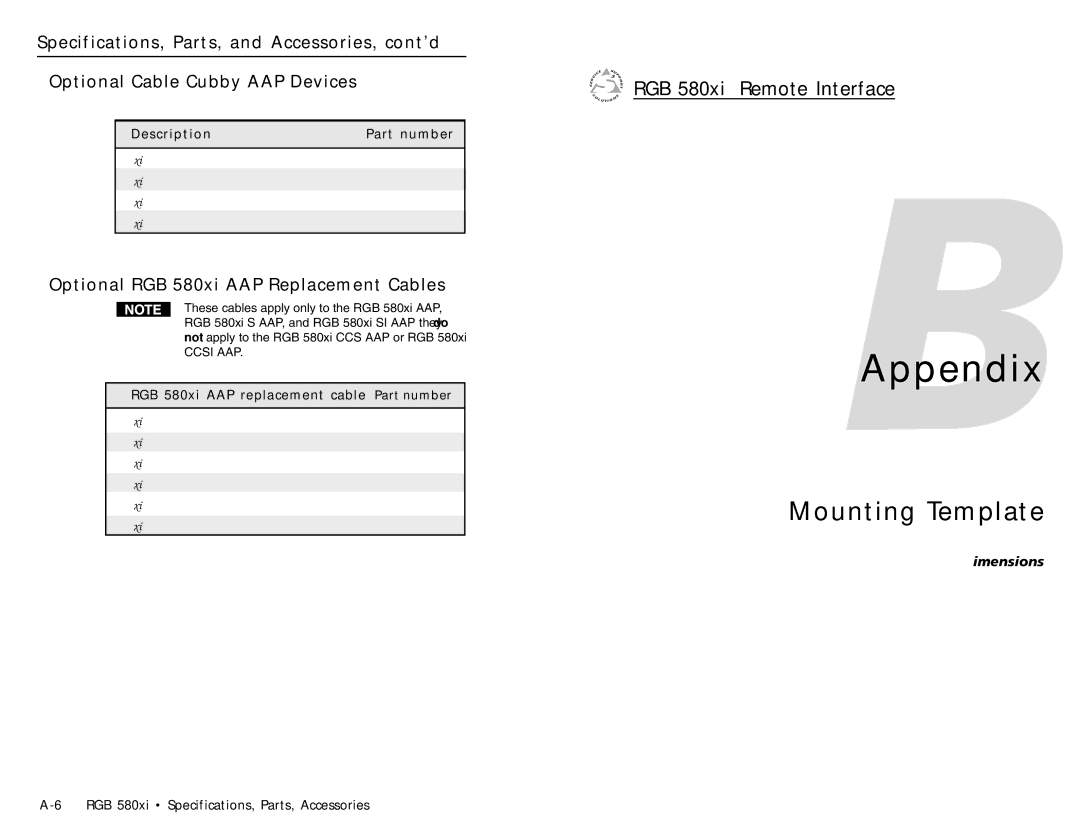 Extron electronic RGB 580XI manual BAppendix, Mounting Template, Optional RGB 580xi AAP Replacement Cables 