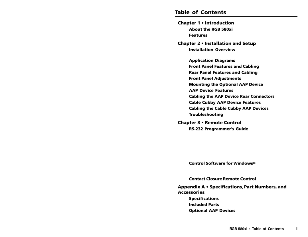 Extron electronic RGB 580XI manual Table of Contents 