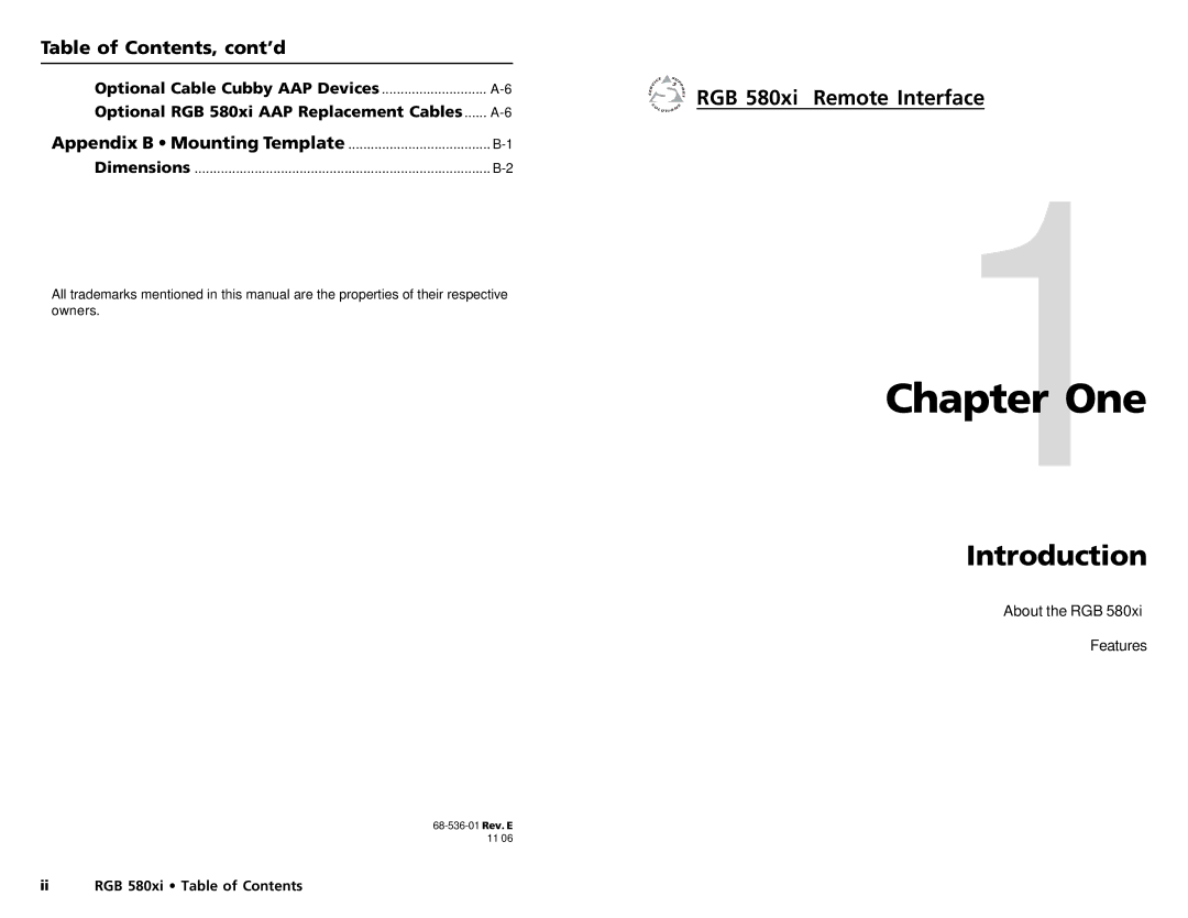 Extron electronic RGB 580XI manual One, Introduction, RGB 580xi Remote Interface, Table of Contents, cont’d 
