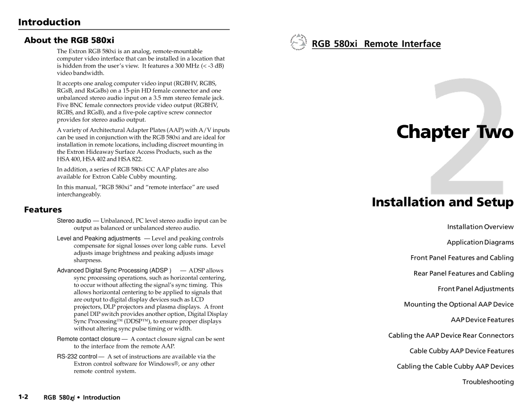 Extron electronic RGB 580XI manual Two, Installation and Setup, Introduction, About the RGB, Features 