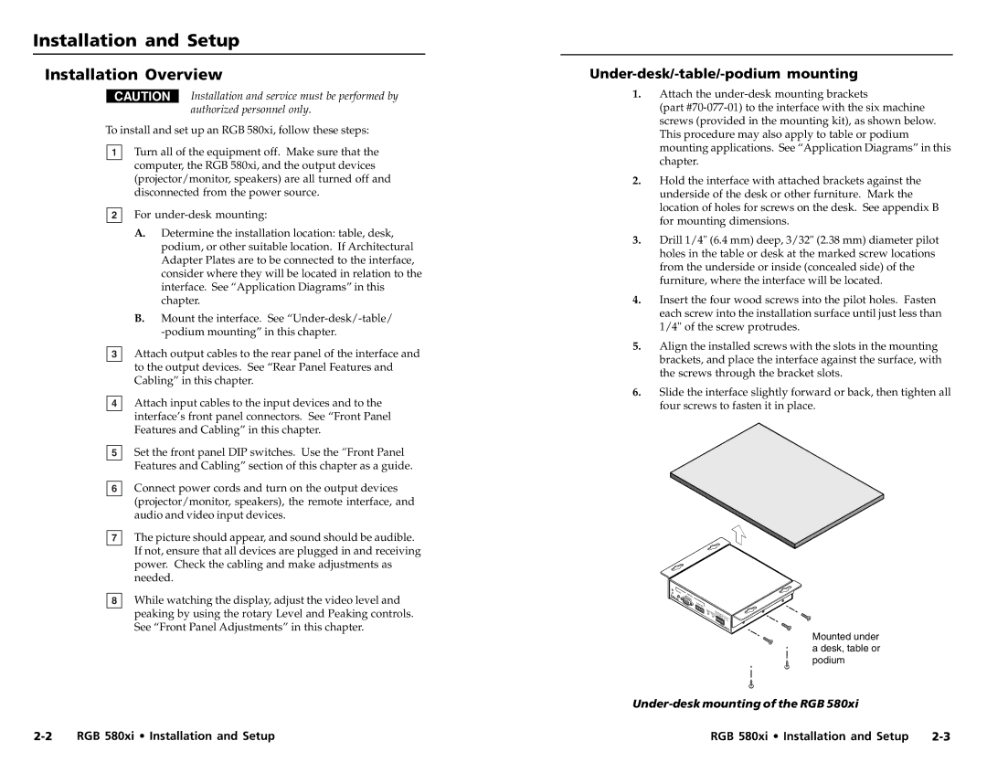 Extron electronic RGB 580XI manual Installation and Setup, Installation Overview, Under-desk/-table/-podium mounting 