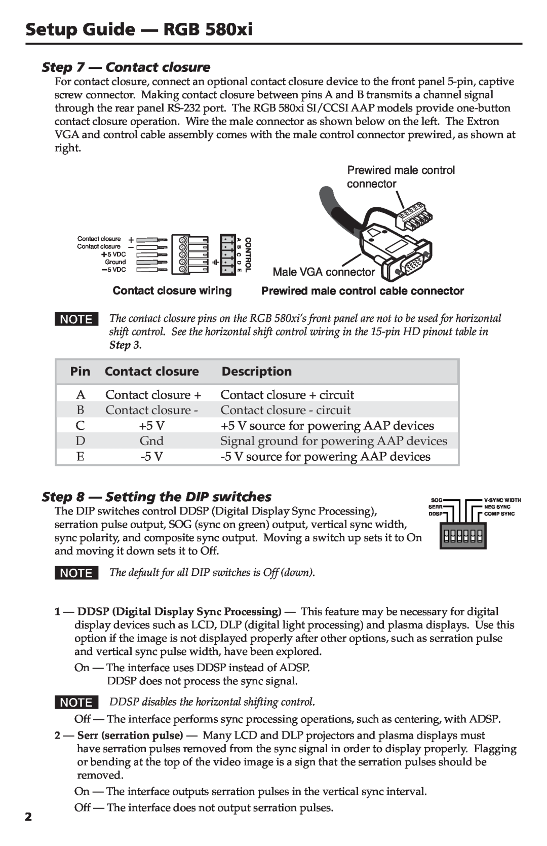 Extron electronic RGB 580XI setup guide Setup Guide -­RGB, Contact closure, Setting the DIP switches, Description 