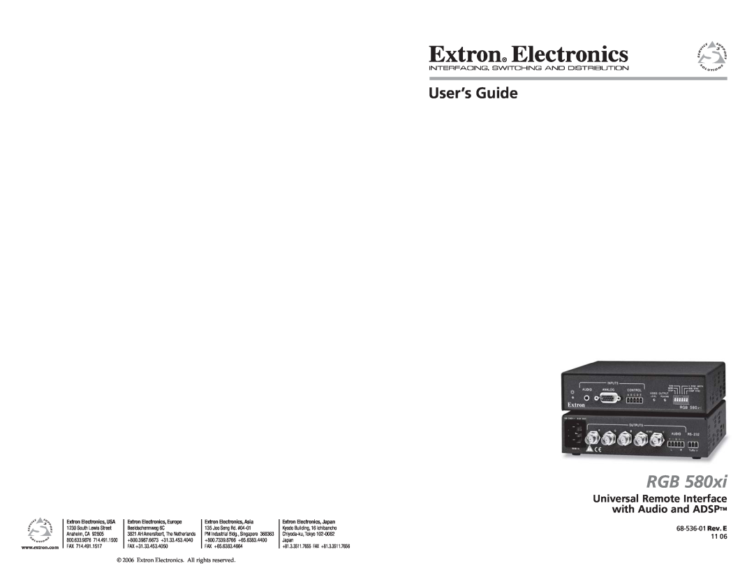 Extron electronic RGB 580XI manual User’s Guide, Universal Remote Interface with Audio and ADSP, 68-536-01 Rev. E, Japan 
