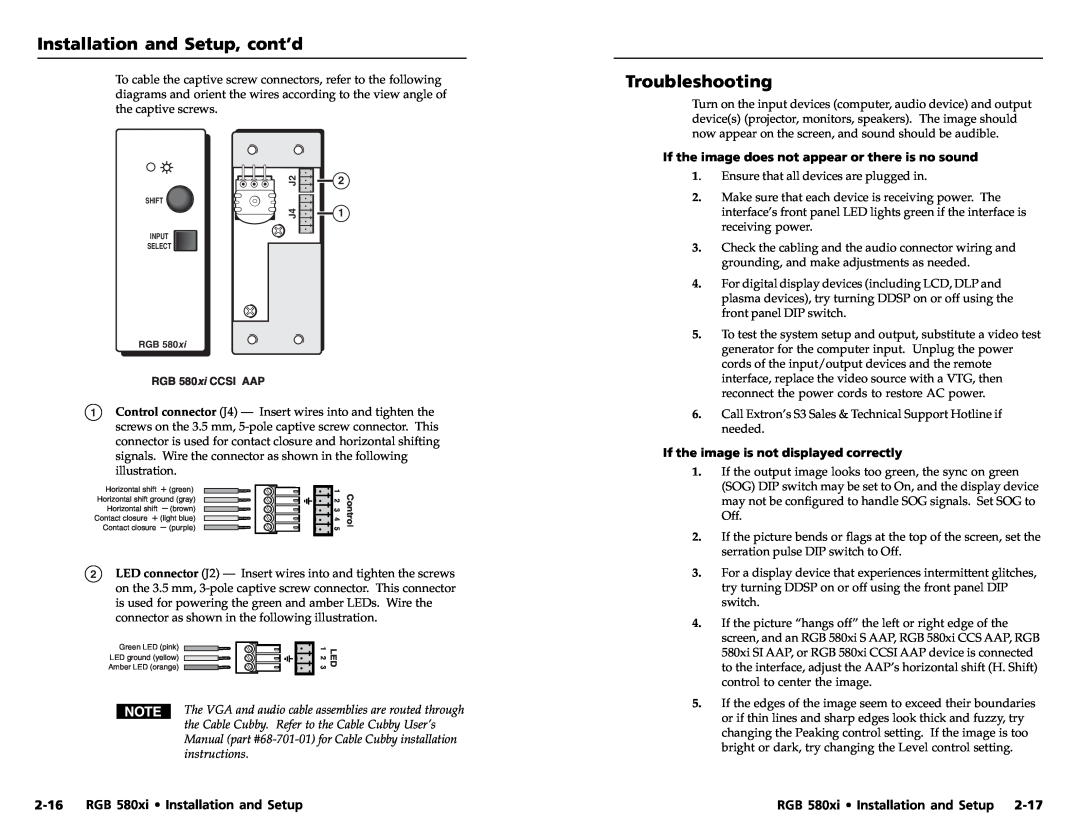 Extron electronic RGB 580XI manual Troubleshooting, 2-16RGB 580xi Installation and Setup, Installation and Setup, cont’d 