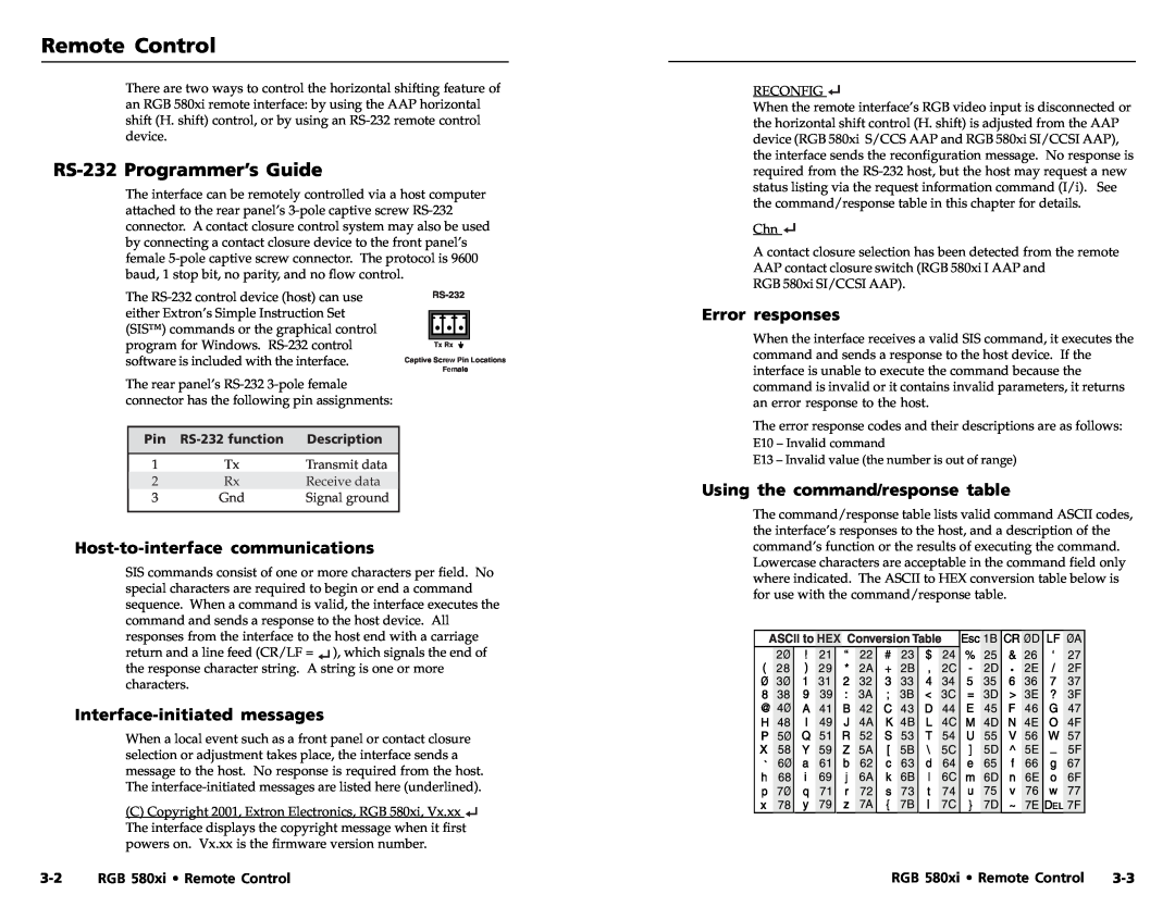 Extron electronic RGB 580XI Remote Control, RS-232Programmer’s Guide, Error responses, Using the command/response table 