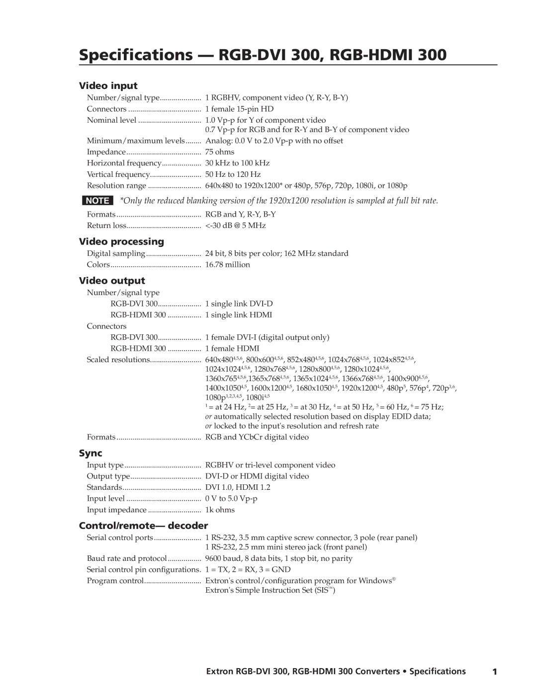 Extron electronic RGB-HDMI 300 specifications Specifications RGB-DVI 300, RGB-HDMI 