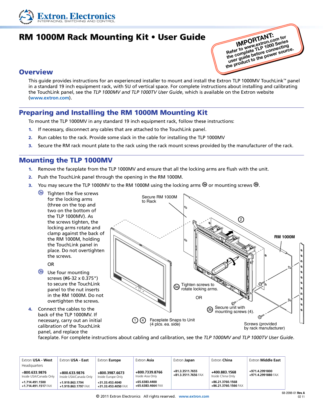 Extron electronic manual RM 1000M Rack Mounting Kit User Guide, Overview, Mounting the TLP 1000MV, +400.883.1568 