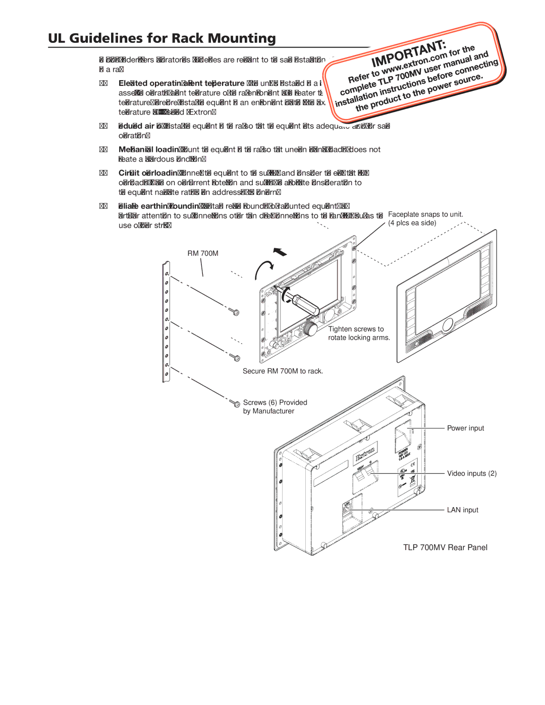 Extron electronic RM 700M user manual UL Guidelines for Rack Mounting 