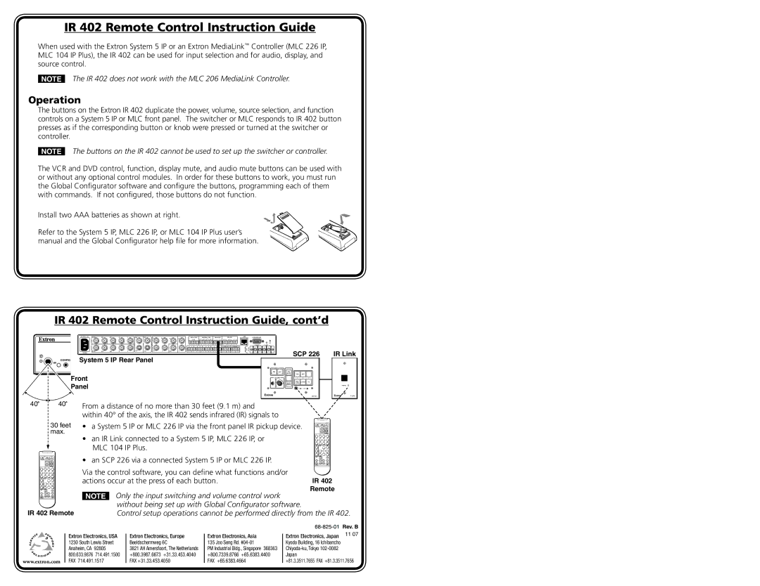 Extron electronic RS-232 user manual IR 402 Remote Control Instruction Guide, cont’d, Operation 