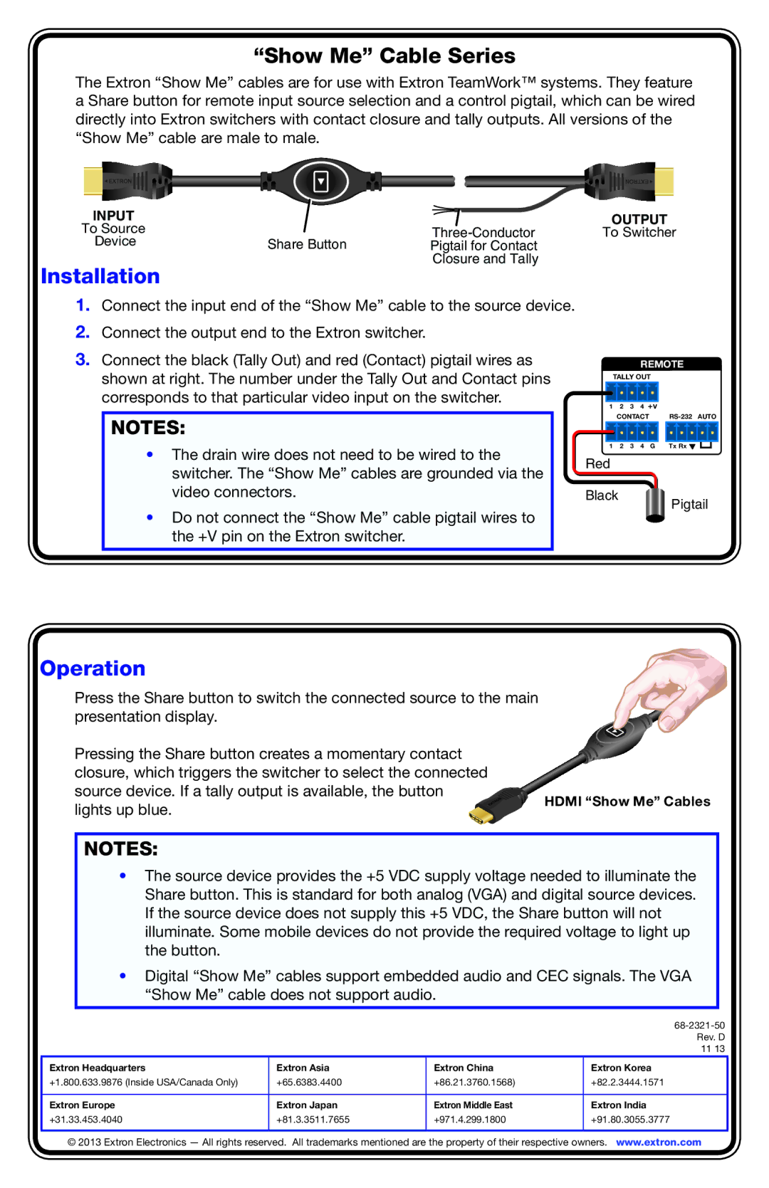 Extron electronic RS-232 manual Show Me Cable Series, Installation, Operation 