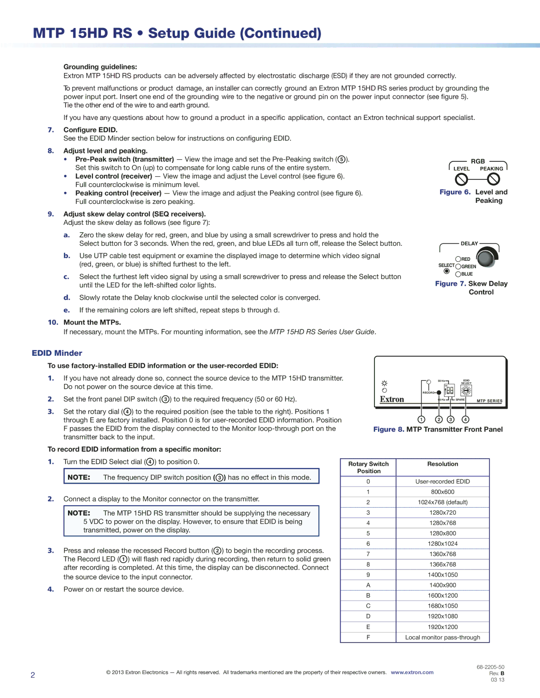 Extron electronic RS-232 setup guide Edid Minder, Grounding guidelines, Configure Edid, Adjust level and peaking, Peaking 