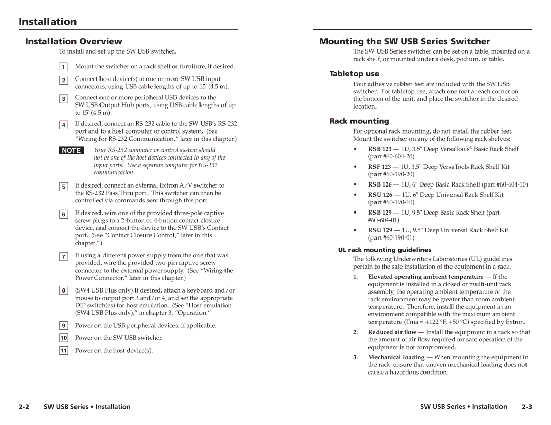 Extron electronic RSF123 Installation Overview, Mounting the SW USB Series Switcher, Tabletop use, Rack mounting 