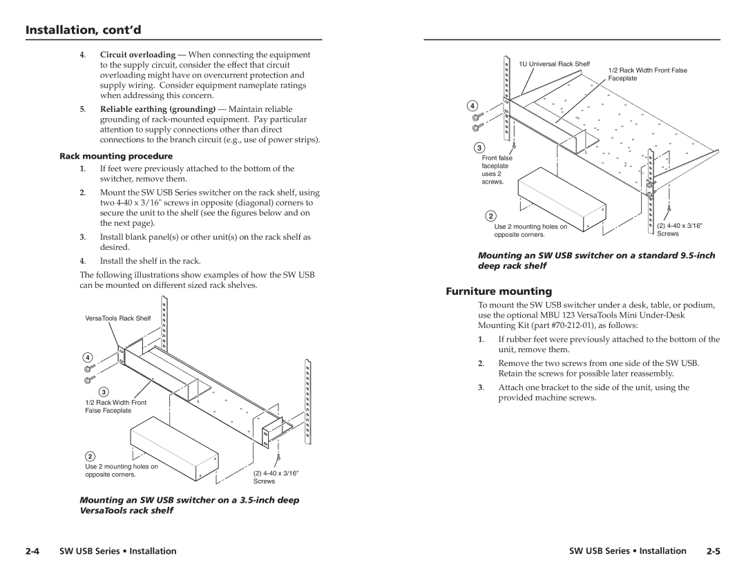 Extron electronic RSB129, RSF123, RSB 126, RSU 126 Installation, cont’d, Furniture mounting, Rack mounting procedure 