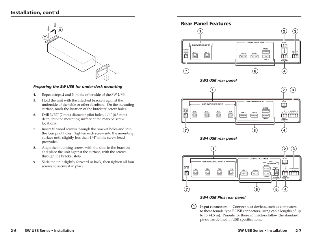 Extron electronic RSB 126, RSF123 Rear Panel Features, Preparing the SW USB for under-desk mounting, SW2 USB rear panel 