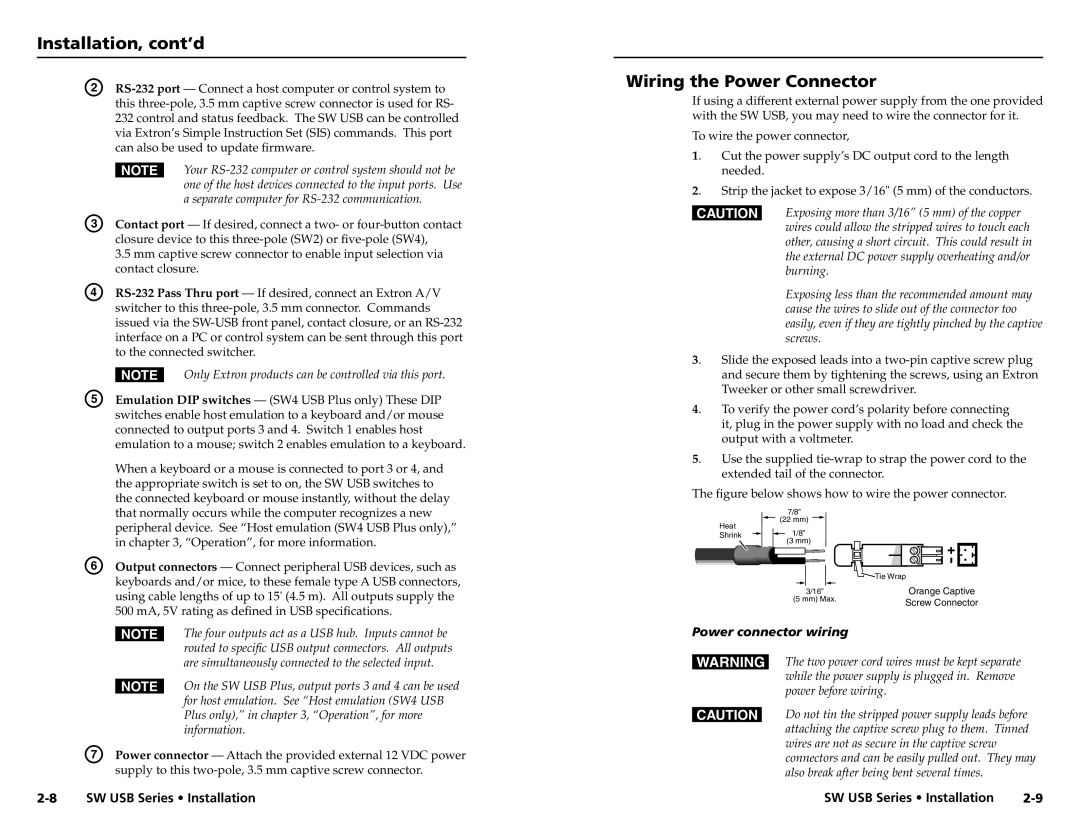 Extron electronic RSU 126, RSF123, RSB129, RSB 126, SW USB Series Wiring the Power Connector, Power connector wiring 