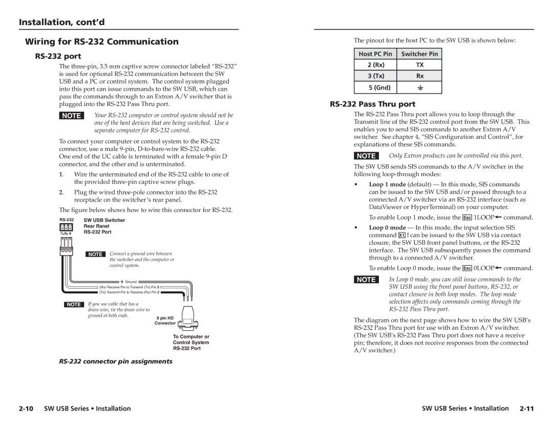 Extron electronic SW USB Series Installation, cont’d Wiring for RS-232 Communication, RS-232 port, RS-232 Pass Thru port 