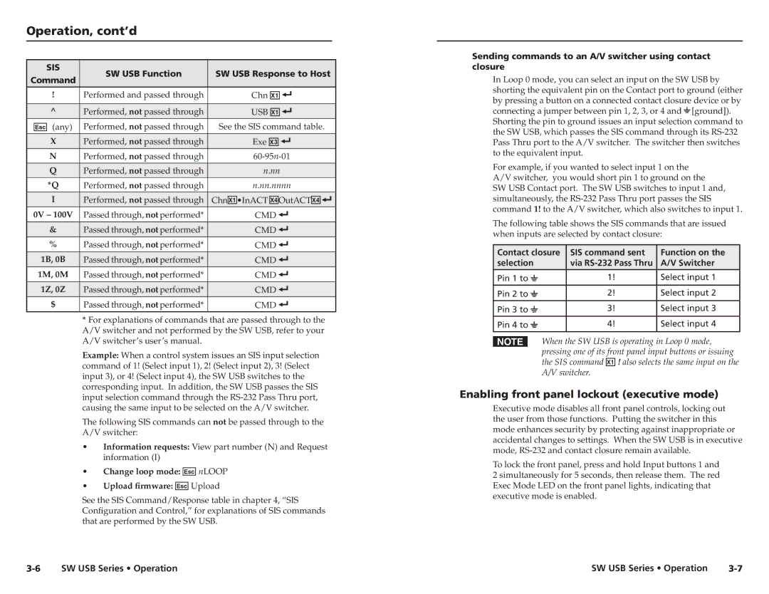 Extron electronic SW USB Series, RSF123, RSB129, RSB 126, RSU 126 Enabling front panel lockout executive mode, Switcher 