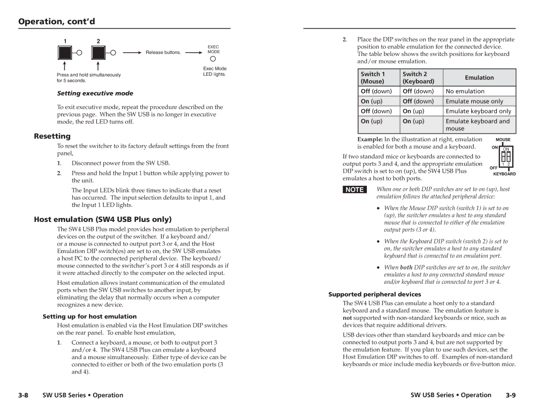 Extron electronic RSF123 Resetting, Host emulation SW4 USB Plus only, Setting executive mode, Supported peripheral devices 