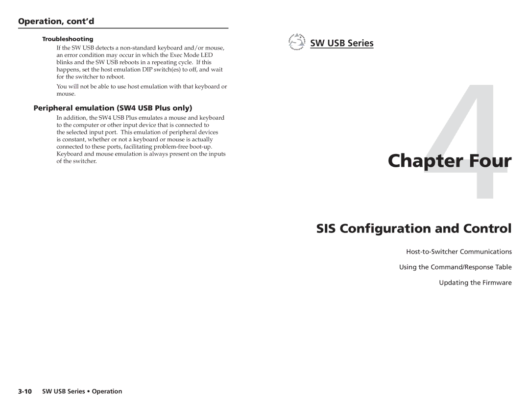 Extron electronic RSB129 Four, SIS Configuration and Control, Peripheral emulation SW4 USB Plus only, Troubleshooting 