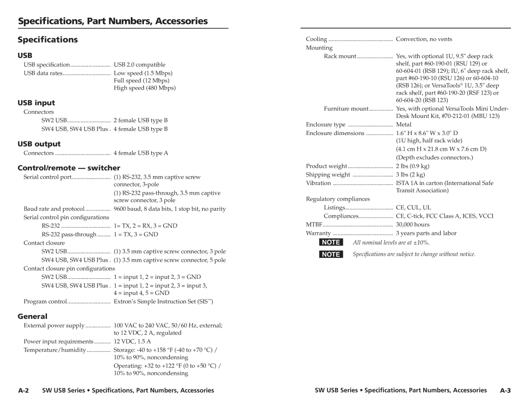 Extron electronic RSU 126, RSF123, RSB129, RSB 126, SW USB Series user manual Specifications, Part Numbers, Accessories 