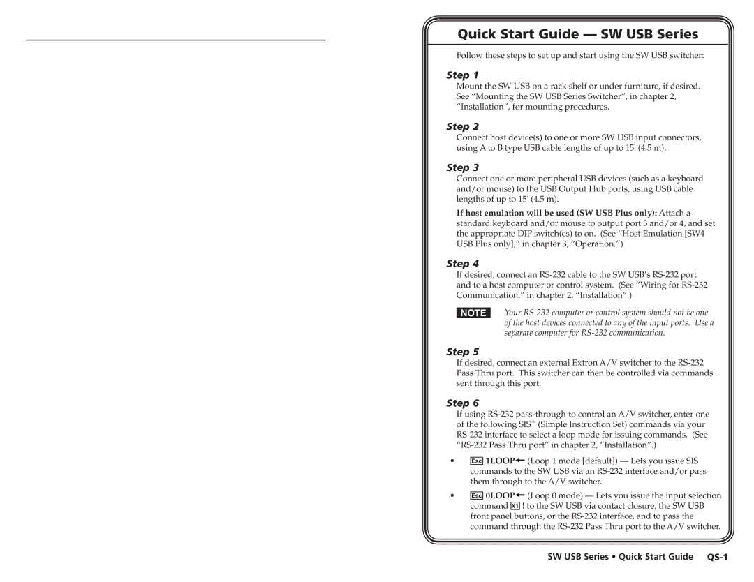 Extron electronic RSF123, RSB129, RSB 126, RSU 126 user manual Quick Start Guide SW USB Series, Step 