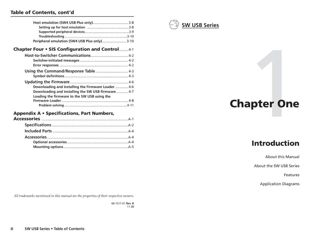 Extron electronic RSB129, RSF123, RSB 126, RSU 126 user manual One, Introduction, Table of Contents, cont’d, SW USB Series 