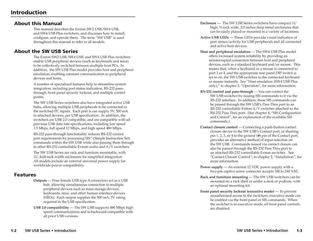 Extron electronic RSB 126, RSF123, RSB129, RSU 126 Introduction, About this Manual, About the SW USB Series, Features 