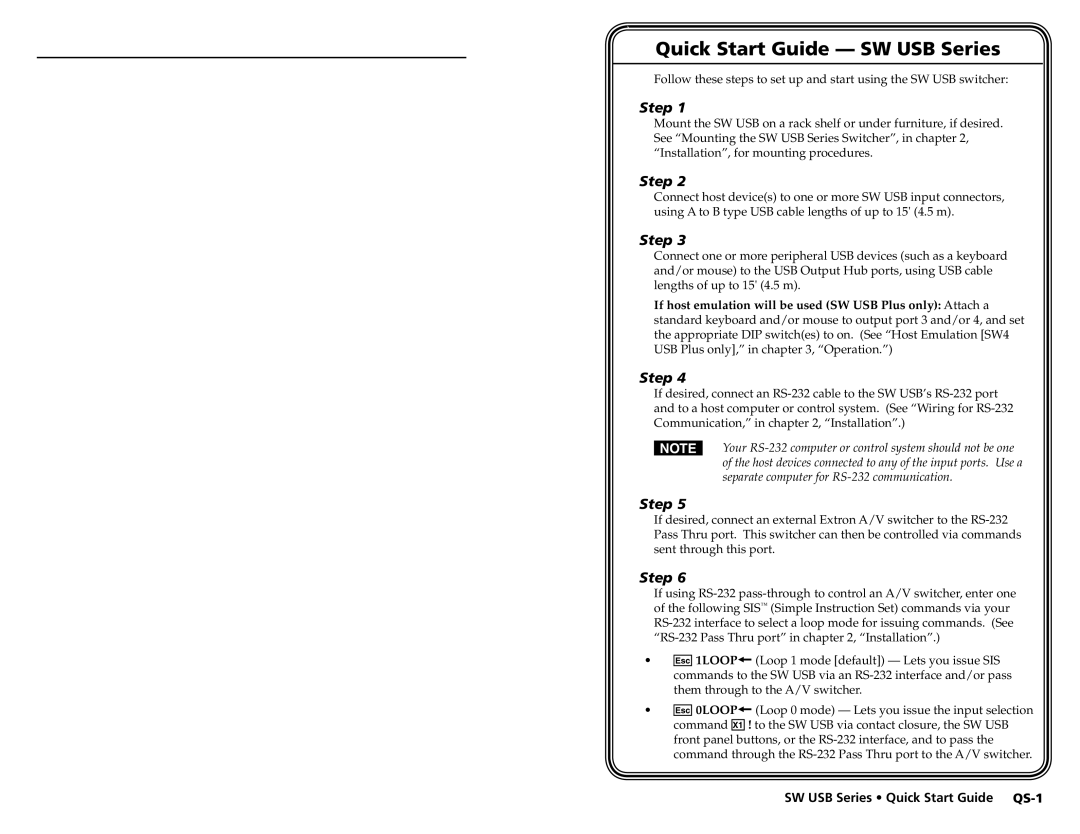 Extron electronic RSF123, RSB129, RSB 126, RSU 126 user manual Quick Start Guide - SW USB Series, Step 