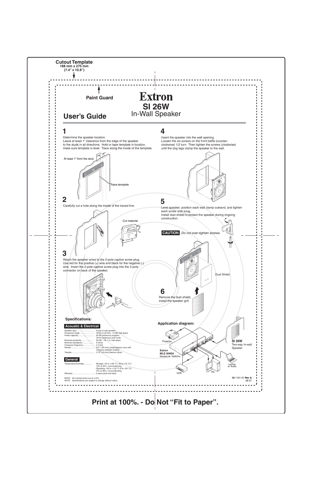 Extron electronic S1 26W specifications SI 26W, User’s Guide, In-Wall Speaker, Print at 100%. Do Not Fit to Paper 