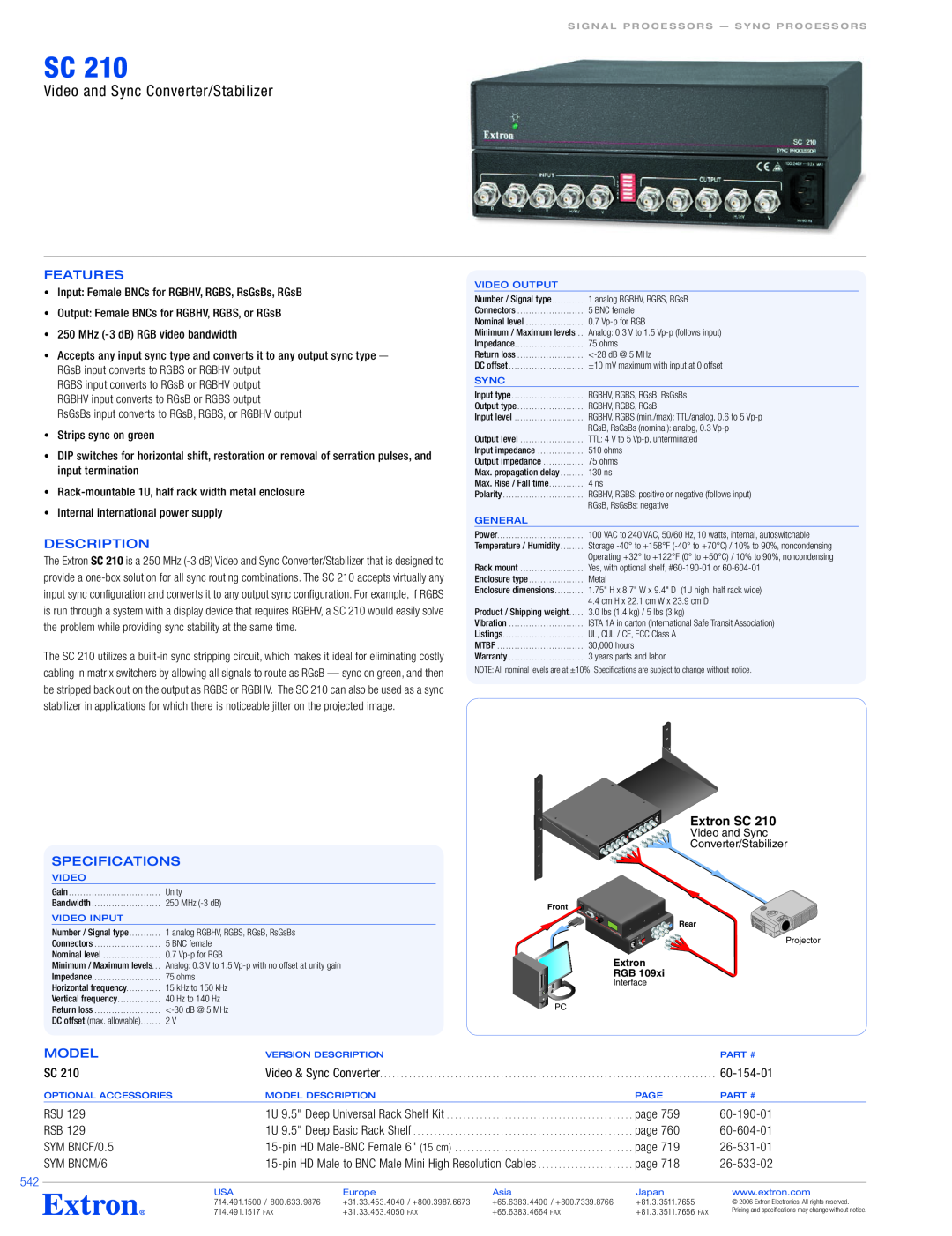 Extron electronic SC 210 specifications Video and Sync Converter/Stabilizer, Features, Description, Extron SC, Model, $900 