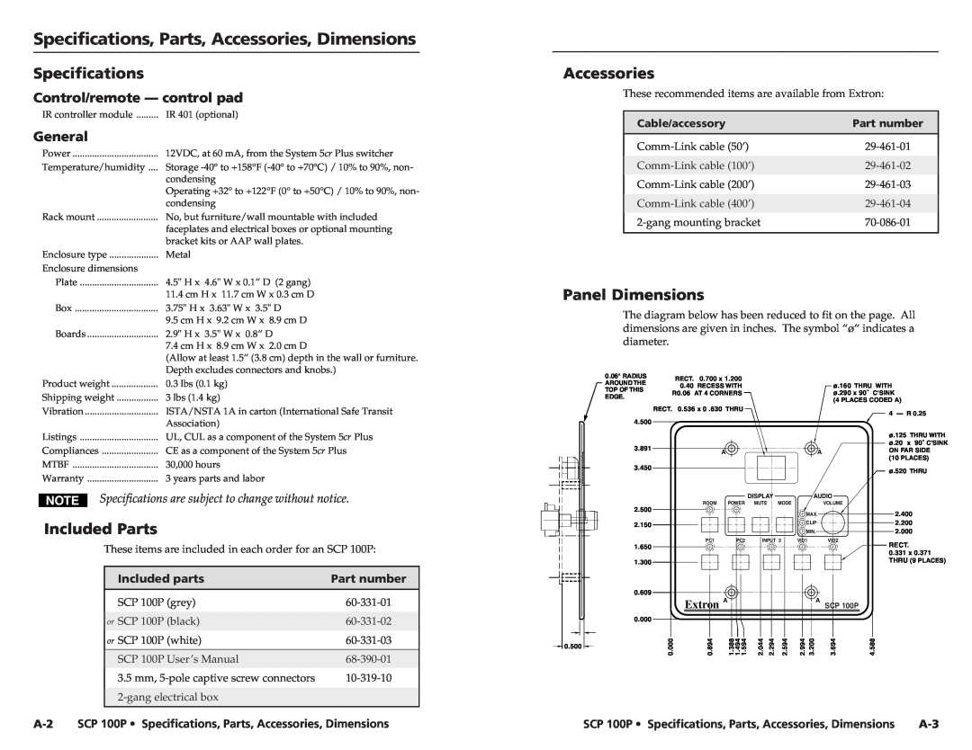 Extron electronic SCP 100P Specifications, Accessories, Panel Dimensions, Included Parts, Control/remote - control pad 